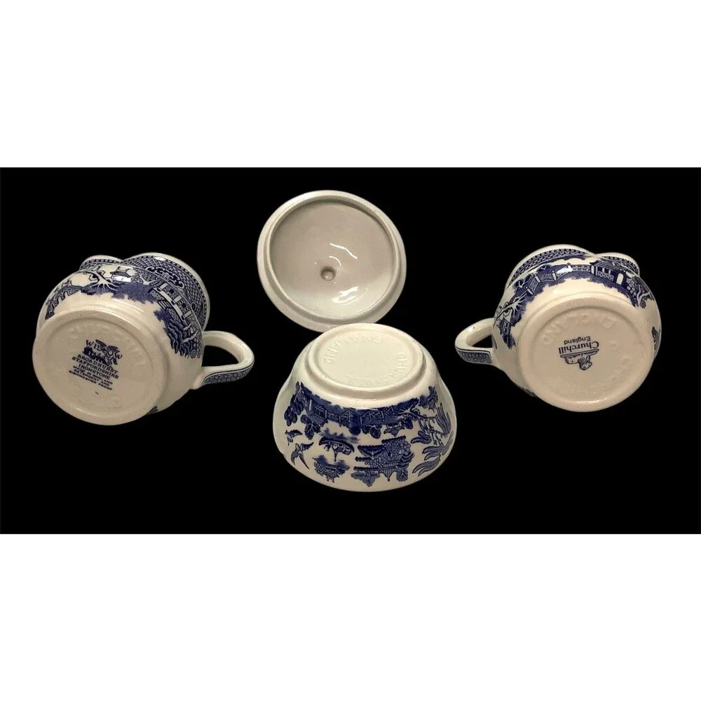Vintage CHURCHILL Blue Willow Creamers & Sugar Bowl Staffordshire England READ